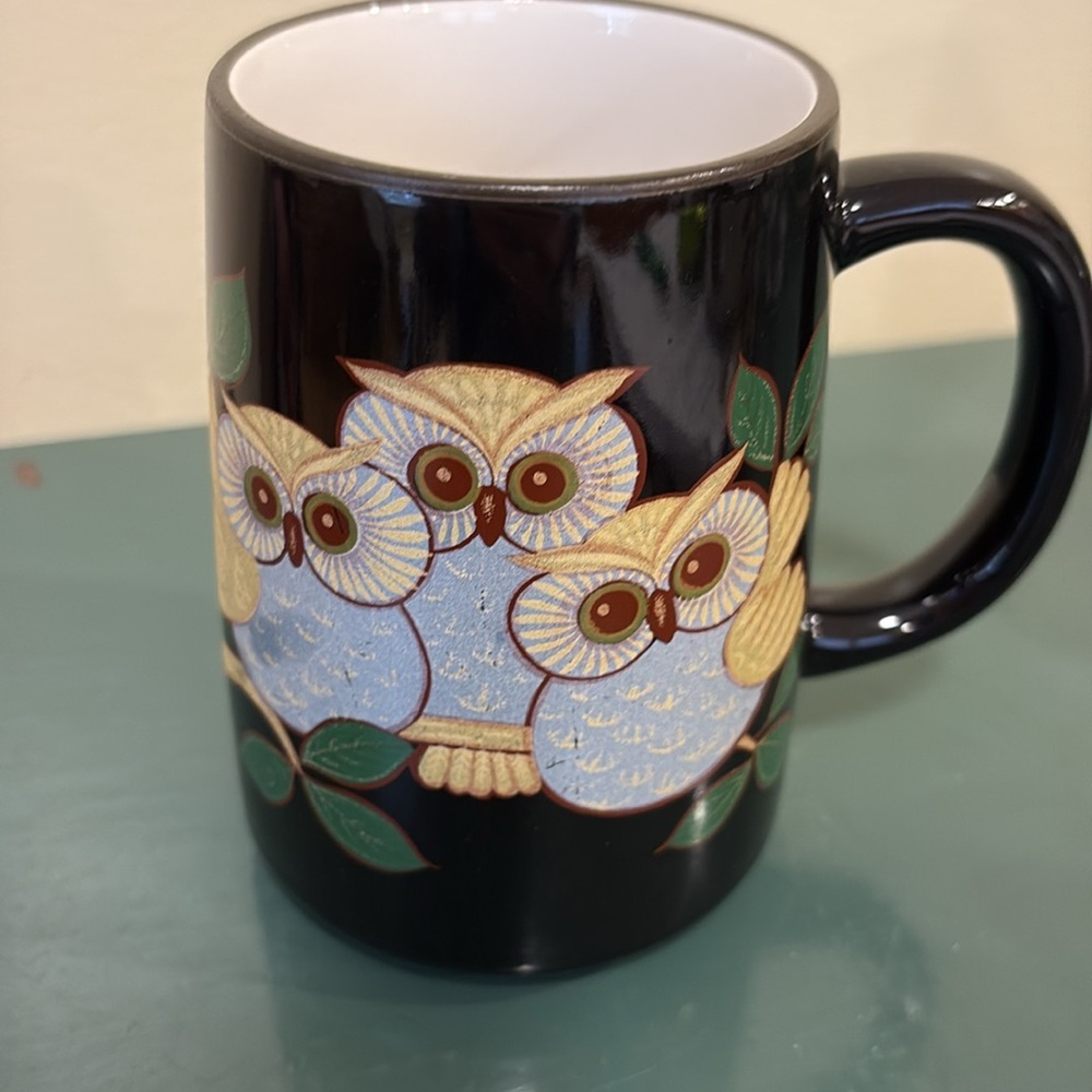 Otagiri Black Ceramic Mug with Hand-Painted Gold-Accented Owl Trio - Picture 3 of 8